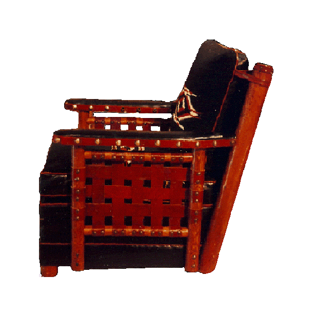 black leather and chimayo weave club chair with red leather welt and webbed sides